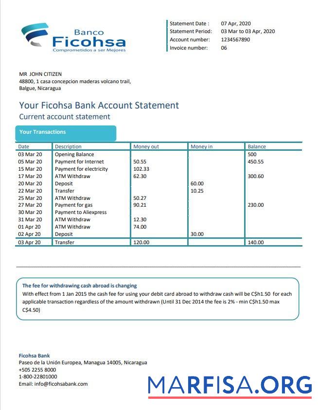 Printable Nicaragua Banco Ficohsa bank statement word download for verification
